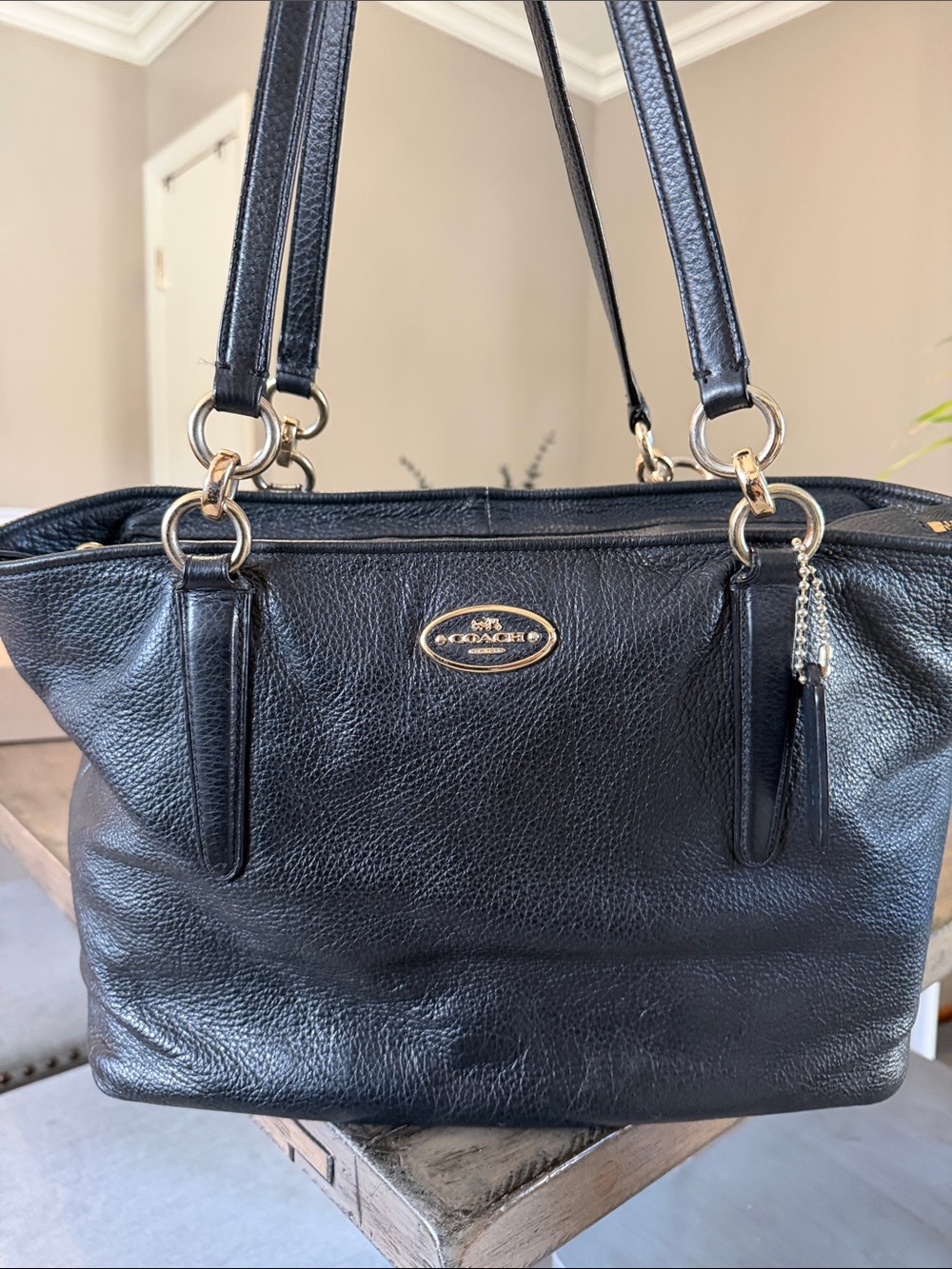 Coach Black Leather Shoulder Tote with Gold Accents